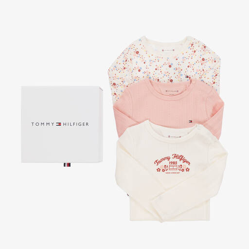 Tommy Hilfiger-Ivory & Pink Cotton Baby Bodysuits (3 Pack) | Childrensalon