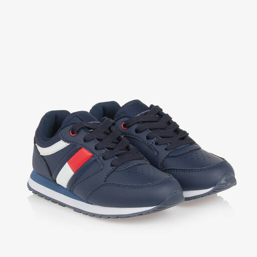 Tommy Hilfiger-Navy Blue Faux Leather Trainers | Childrensalon