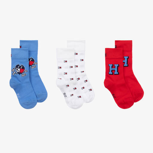 Tommy Hilfiger-Red & Blue Cotton Flag Socks (3 Pack) | Childrensalon