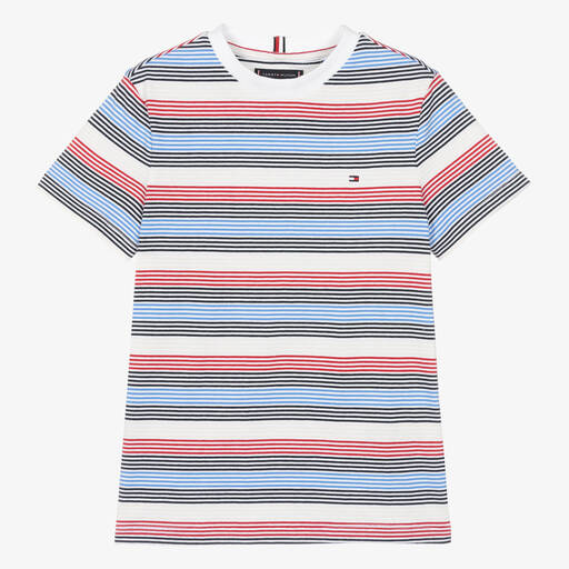 Tommy Hilfiger-Teen Boys Blue Striped Cotton T-Shirt | Childrensalon