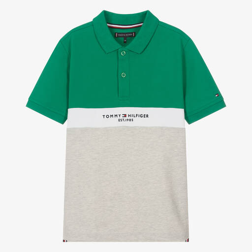 Tommy Hilfiger-Teen Boys Green & Grey Cotton Polo Shirt | Childrensalon