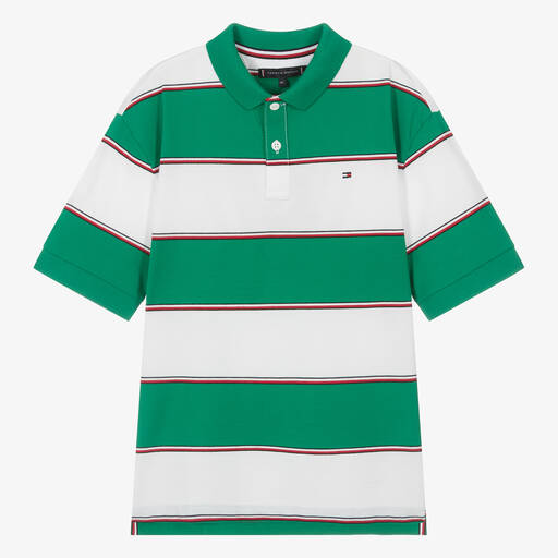 Tommy Hilfiger-Teen Boys Green Striped Cotton Polo Shirt | Childrensalon