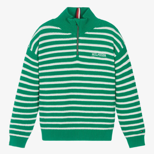 Tommy Hilfiger-Teen Boys Green Striped Cotton Sweater | Childrensalon