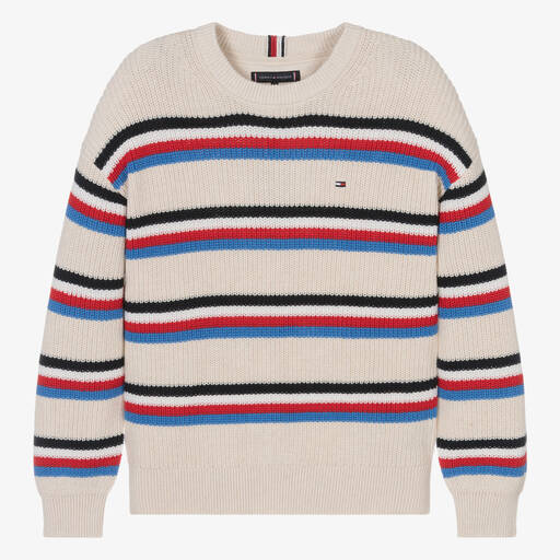 Tommy Hilfiger-Teen Boys Ivory Striped Cotton Sweater | Childrensalon