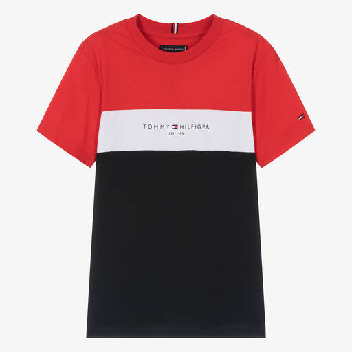 Tommy Hilfiger-Teen Boys Red Cotton Colourblock T-Shirt | Childrensalon