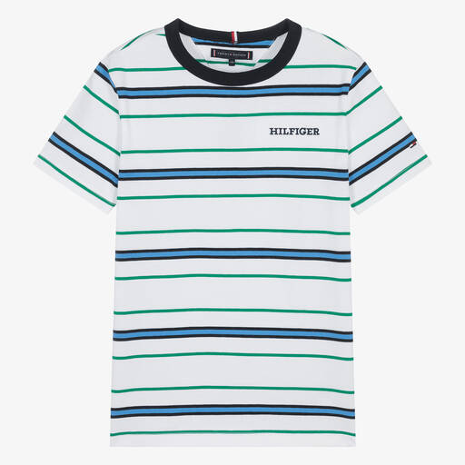 Tommy Hilfiger-Teen Boys White Striped Cotton T-Shirt | Childrensalon