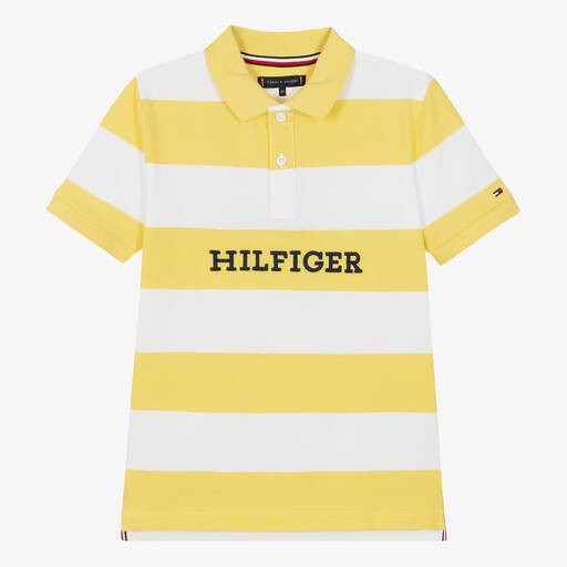 Tommy Hilfiger-Teen Boys Yellow Cotton Striped Polo Shirt | Childrensalon