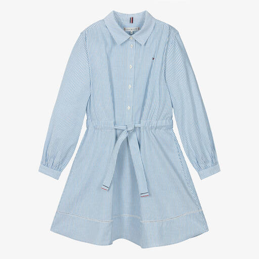 Tommy Hilfiger-Robe-chemise bleue rayée en coton ado | Childrensalon