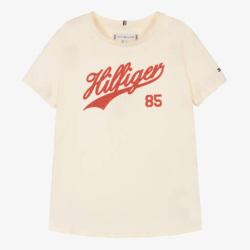 Tommy Hilfiger-T-shirt universitaire ivoire et rouge | Childrensalon