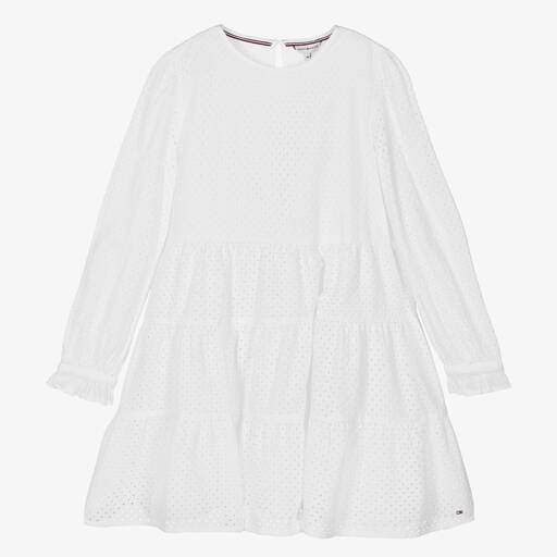 Tommy Hilfiger-Teen Girls White Cotton Broderie Anglaise Dress | Childrensalon