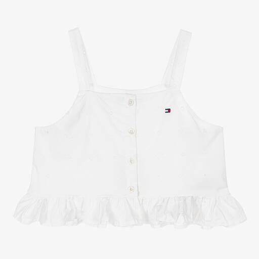 Tommy Hilfiger-Teen Girls White Cotton Logo Cropped Top | Childrensalon