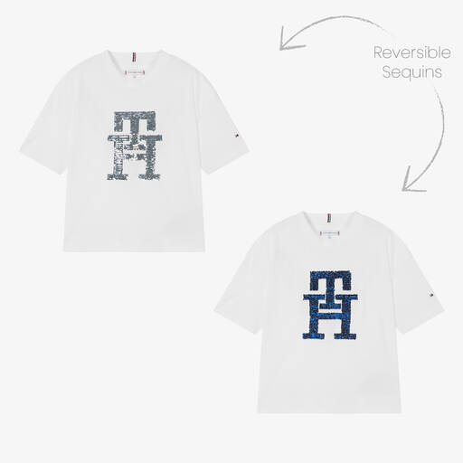 Tommy Hilfiger-Teen Girls White Monogram Sequin T-Shirt | Childrensalon