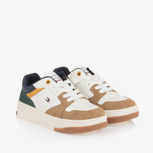 Tommy Hilfiger-White & Beige Faux Leather Trainers | Childrensalon