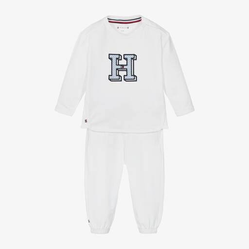 Tommy Hilfiger-White Cotton Baby Trouser Set | Childrensalon