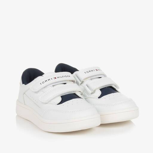 Tommy Hilfiger-White Faux Leather Velcro Trainers | Childrensalon