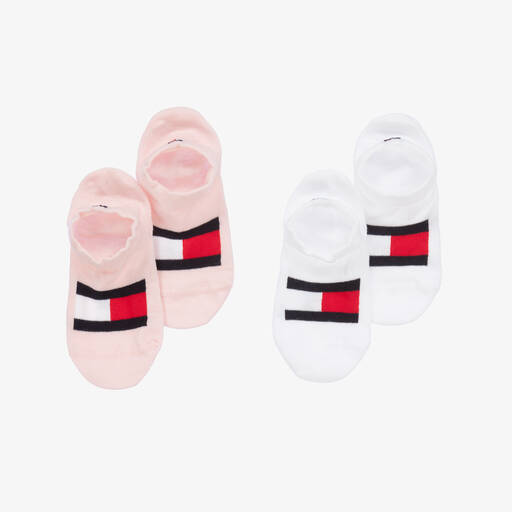 Tommy Hilfiger-White & Pink Flag Trainer Socks (2 Pack) | Childrensalon