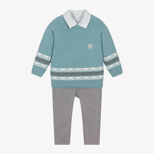 Tutto Piccolo-Boys Green & Grey Cotton Trouser Set | Childrensalon