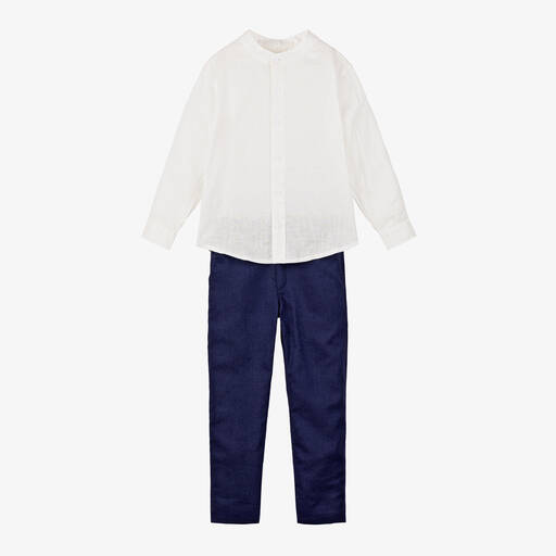 Tutto Piccolo-Boys Ivory & Blue Cotton & Linen Trouser Set | Childrensalon