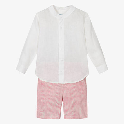 Tutto Piccolo-Boys Ivory & Pink Linen Shorts Set | Childrensalon