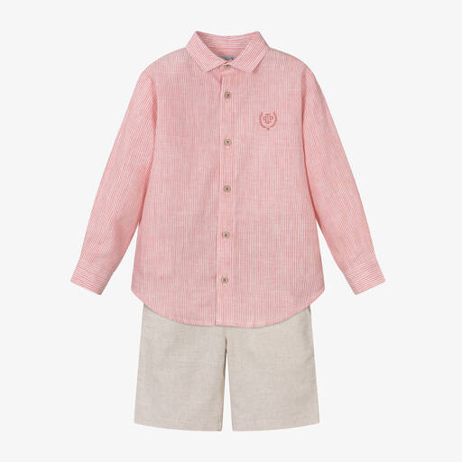 Tutto Piccolo-Boys Pink & Beige Linen Shorts Set | Childrensalon