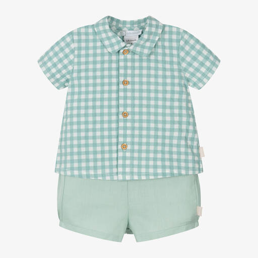 Tutto Piccolo-Boys Sea Green Cotton & Linen Shorts Set | Childrensalon