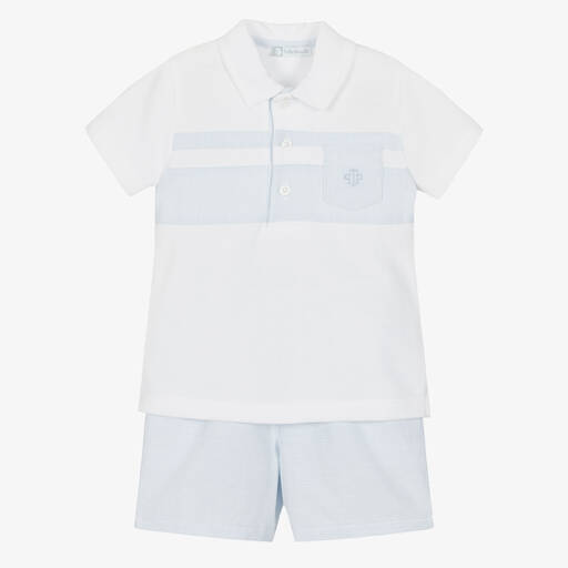 Tutto Piccolo-Boys White & Blue Cotton Shorts Set | Childrensalon