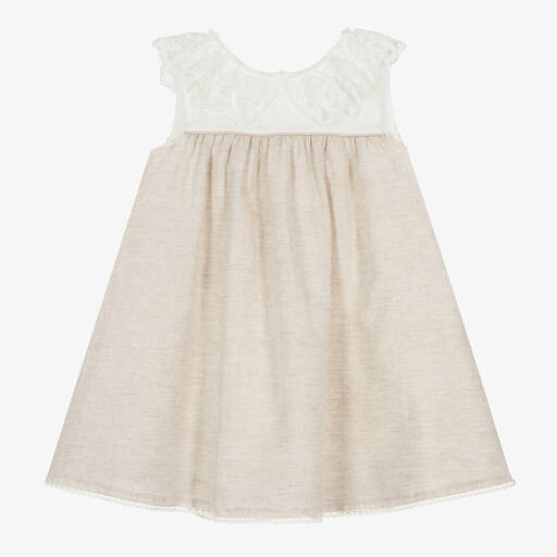 Tutto Piccolo-Girls Beige Linen & Cotton Dress | Childrensalon