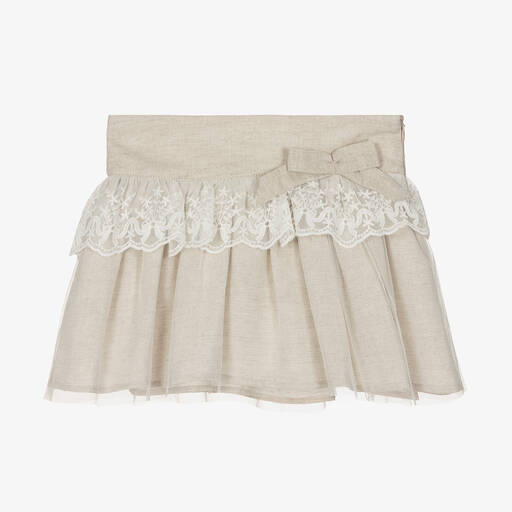 Tutto Piccolo-Girls Beige Linen & Cotton Lace Skirt | Childrensalon