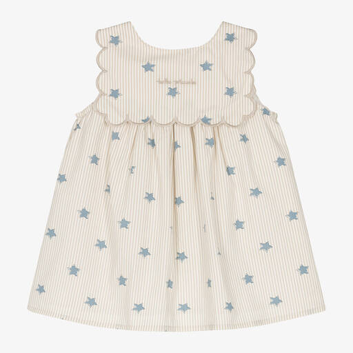 Tutto Piccolo-Girls Beige Stripe & Stars Cotton Dress | Childrensalon