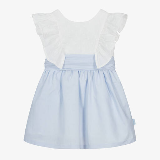 Tutto Piccolo-فستان قطن وكتان لون أزرق وعاجي  | Childrensalon
