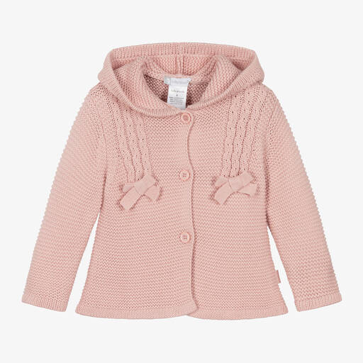 Tutto Piccolo-Girls Pink Cotton Knit Hooded Cardigan | Childrensalon