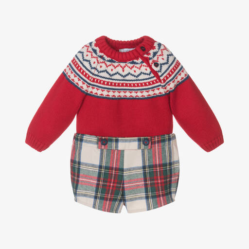 Tutto Piccolo-Red Cotton Fair Isle & Tartan Shorts Set | Childrensalon