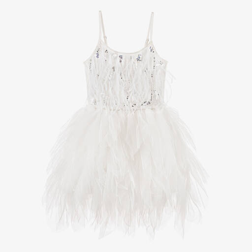 Tutu du Monde-Girls White Beads & Feathers Tulle Dress | Childrensalon