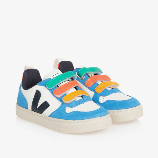 VEJA-Blue Leather & Black V-10 Trainers | Childrensalon