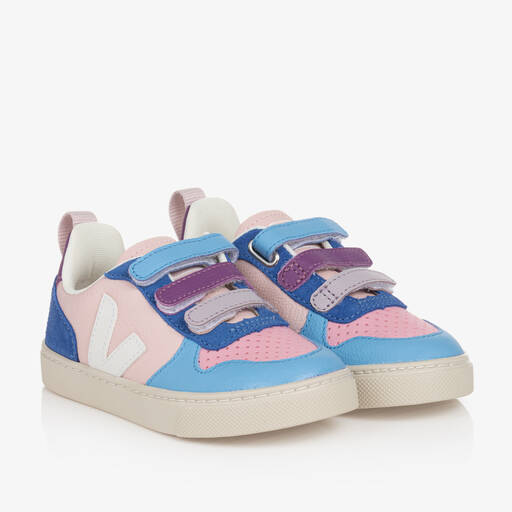 VEJA-Girls Pink & Blue Leather V-10 Trainers | Childrensalon