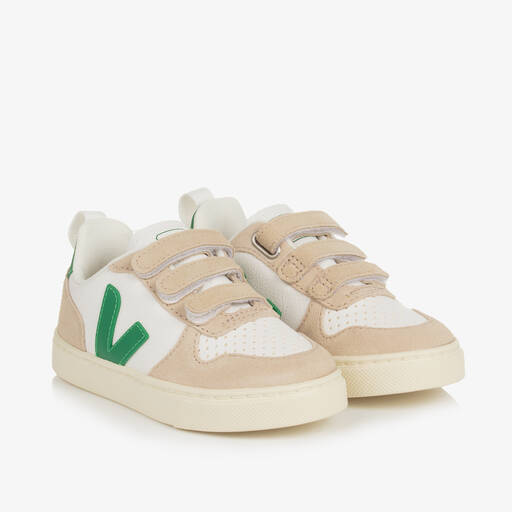 VEJA-حذاء رياضي V-10 جلد لون أبيض وأخضر | Childrensalon