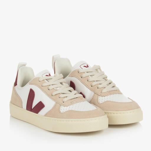 VEJA-حذاء رياضي V-10 جلد لون أبيض وأحمر | Childrensalon
