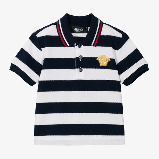 Versace-Baby Boys Blue Stripe Cotton Polo Shirt | Childrensalon