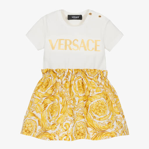 Versace-فستان قطن لون عاجي وذهبي بطبعة باروك | Childrensalon
