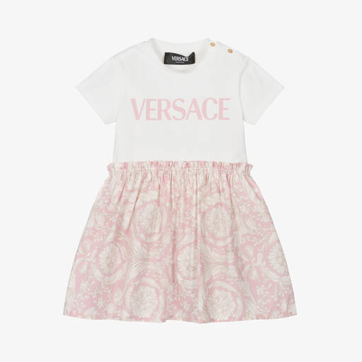 Versace- فستان بطبعة الباروك قطن لون زهري وعاجي للمولودات | Childrensalon