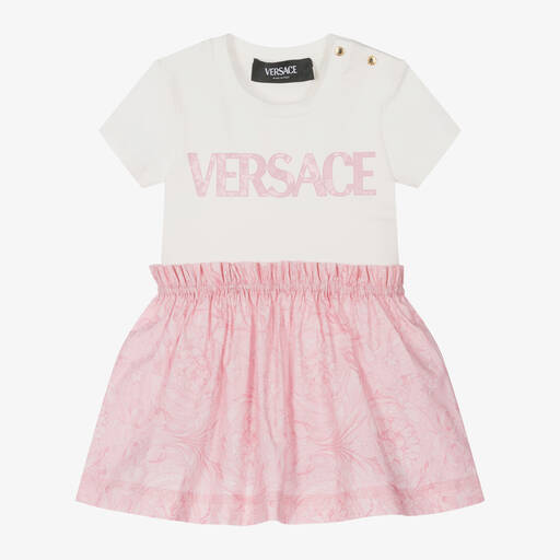 Versace-فستان بطبعة باروك قطن لون عاجي وزهري | Childrensalon
