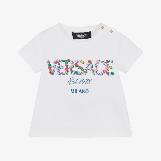 Versace-Baby Girls White Cotton T-Shirt | Childrensalon