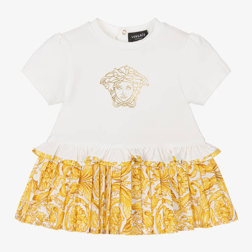 Versace-فستان قطن جيرسي لون أبيض وذهبي بطبعة باروك | Childrensalon