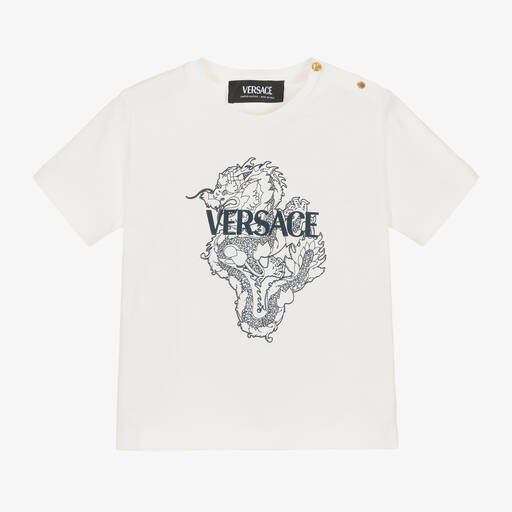 Versace-Baby White & Blue Cotton Dragon T-Shirt | Childrensalon