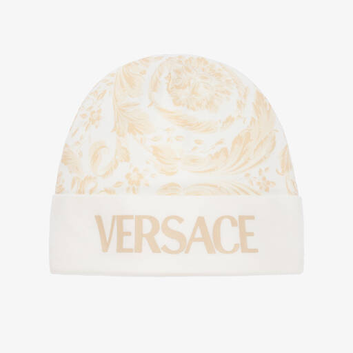 Versace-قبعة قطن جيرسي لون بيج وأوف وايت بطبعة باروك | Childrensalon