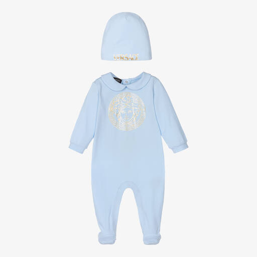 Versace-Blue Logo Babygrow Gift Set | Childrensalon