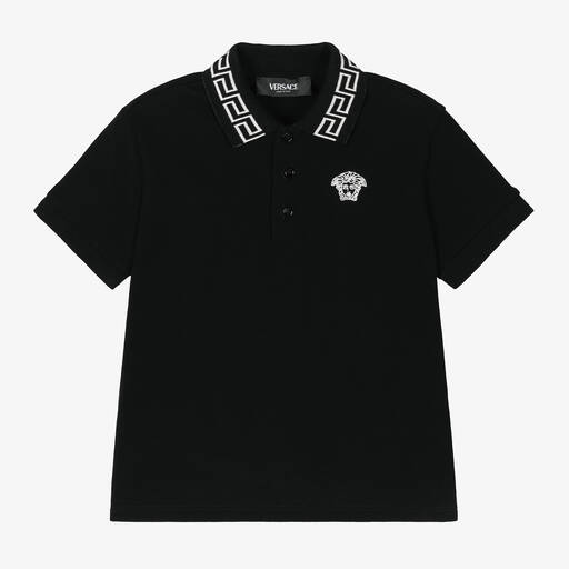 Versace-Boys Black Greca Cotton Polo Shirt | Childrensalon