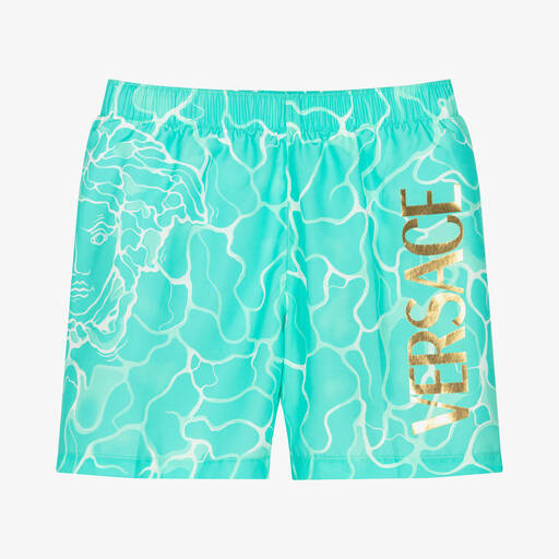 Versace-Boys Blue & Gold Logo Swim Shorts | Childrensalon