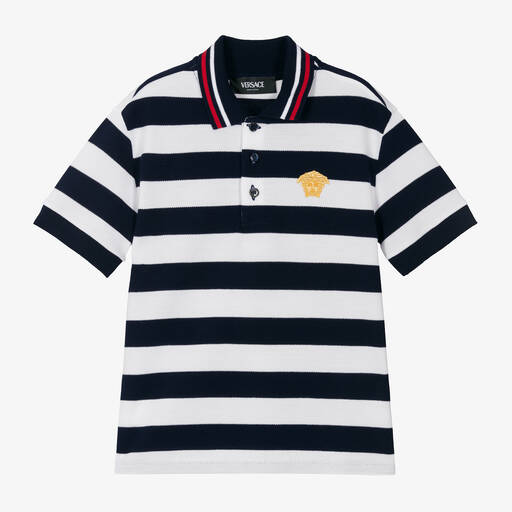 Versace-Boys Blue Stripe Cotton Polo Shirt | Childrensalon