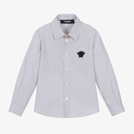 Versace-Boys Blue Striped Cotton Shirt | Childrensalon